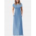 Short Sleeve Pocket Floor Length Solid Round Neck Maxi Dress