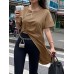 Solid Knotted Split Short Sleeve Round Neck T  Shirt