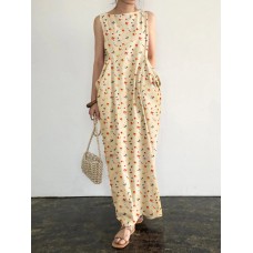 Pocket Ditsy Floral Round Neck Summer Sleeveless Maxi Dress