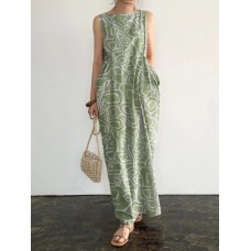 Sleeveless Round Neck Pocket Print Paisley Maxi Dress