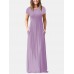 Short Sleeve Pocket Floor Length Solid Round Neck Maxi Dress