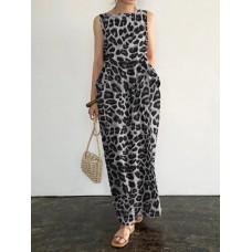 Sleeveless Pocket Leopard Print Round Neck Maxi Dress