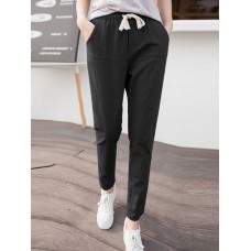 Solid Pocket Drawstring Elastic Waist Casual Tapered Pants