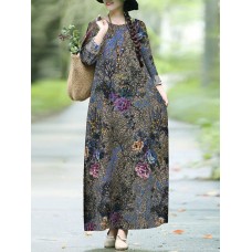 Plant Flower Print Round Neck Long Sleeve Casual Maxi Dress