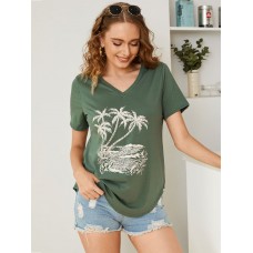 V  Neck Loose Fit Pattern Casual Short Sleeve Summer T  shirt