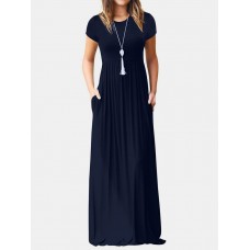 Short Sleeve Pocket Floor Length Solid Round Neck Maxi Dress