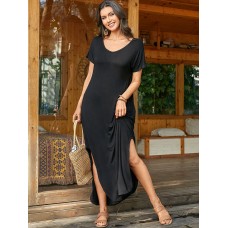 Round Neck Solid Pocket Loose Fit Short Sleeve Split Maxi Dress