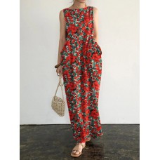 Pocket Floral Print Round Neck Sleeveless Maxi Dress