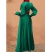 Puff Sleeve Button Pleat Round Neck Solid Maxi Dress