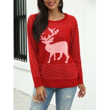 Women Christmas Reindeer Snowflake Pattern O  Nekc Long Sleeve Knitting Sweater